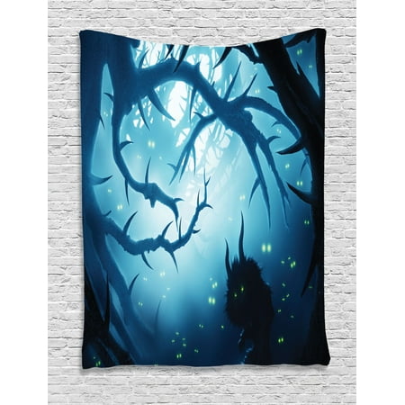 Mystic House Decor Wall Hanging Tapestry, Animal With Burning Eyes In Dark Forest At Night Horror Halloween Illustration, Bedroom Living Room Dorm Accessories, By Ambesonne