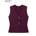 thumbnail image 2 of Zevity-para mujer, cárdigan sin mangas con cuello en V, chaleco de punto con botones dorados, suéter elegante de un solo pecho, Tops SW6250, 2 of 5