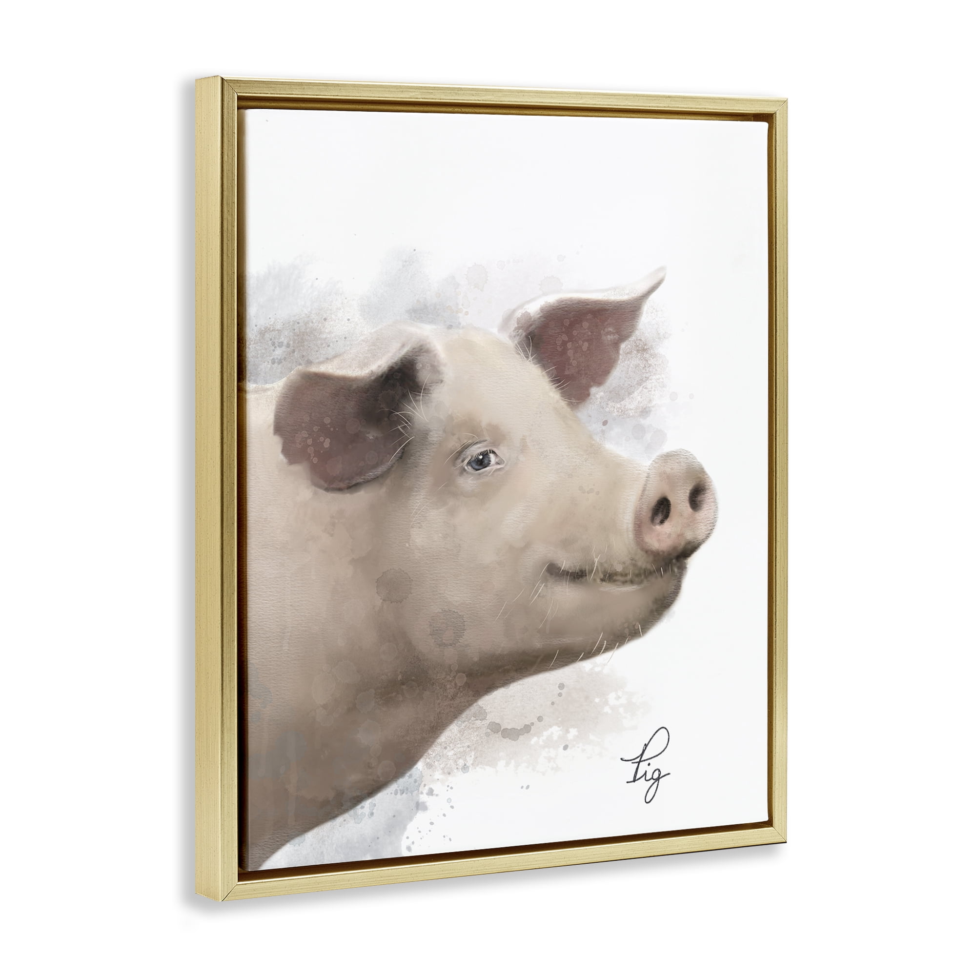 Stupell Industries Smiling Farm Pig Animals Painting Gold Floater Framed Canvas Art Print Wall Art, 25 x 31