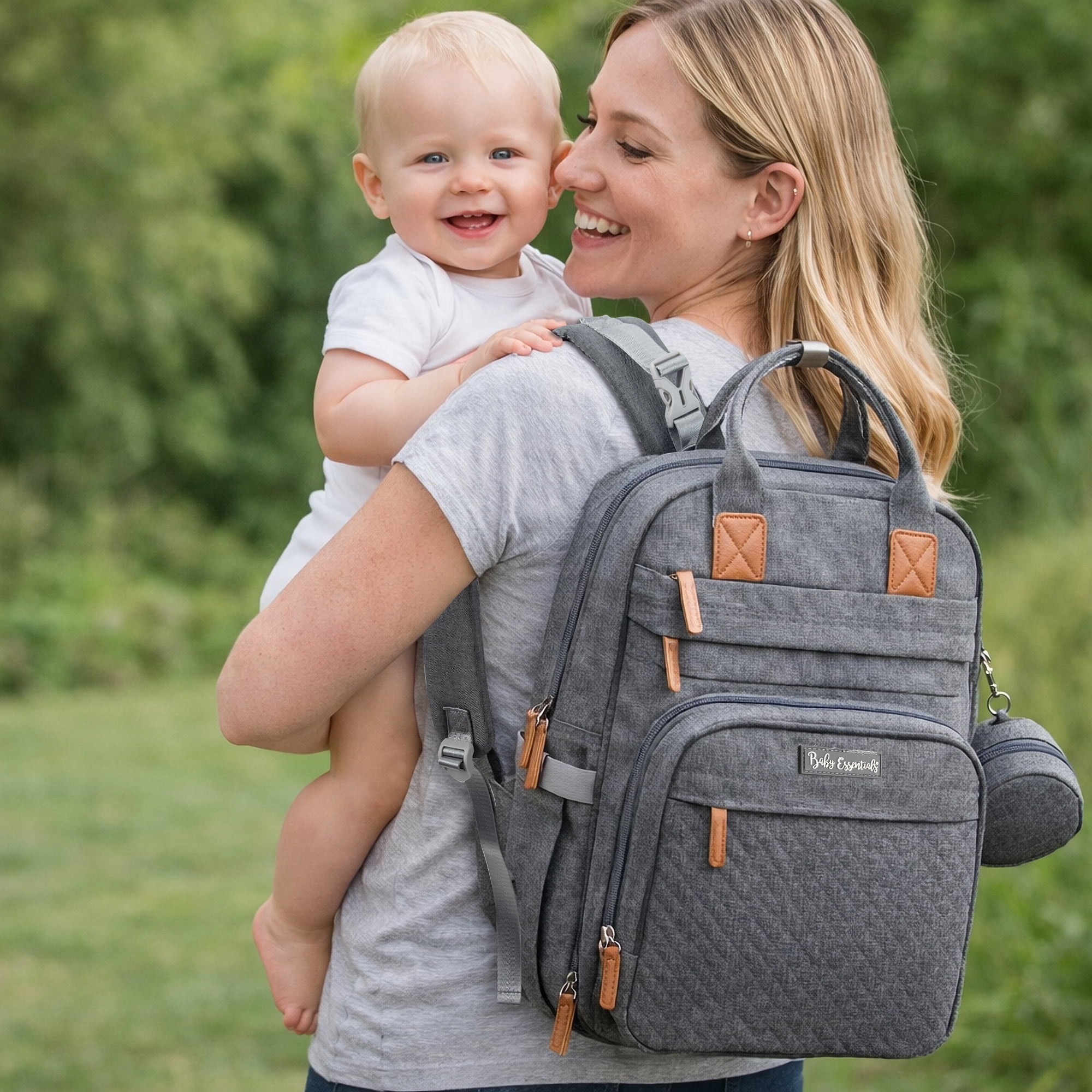 Baby Essentials Quilted 17 Pocket Diaper Bag Backpack Tote with Matching 6-Ply Changing Pad, Feeding Bottle Pockets, Stroller Straps & Pacifier Pouch in Heather Grey