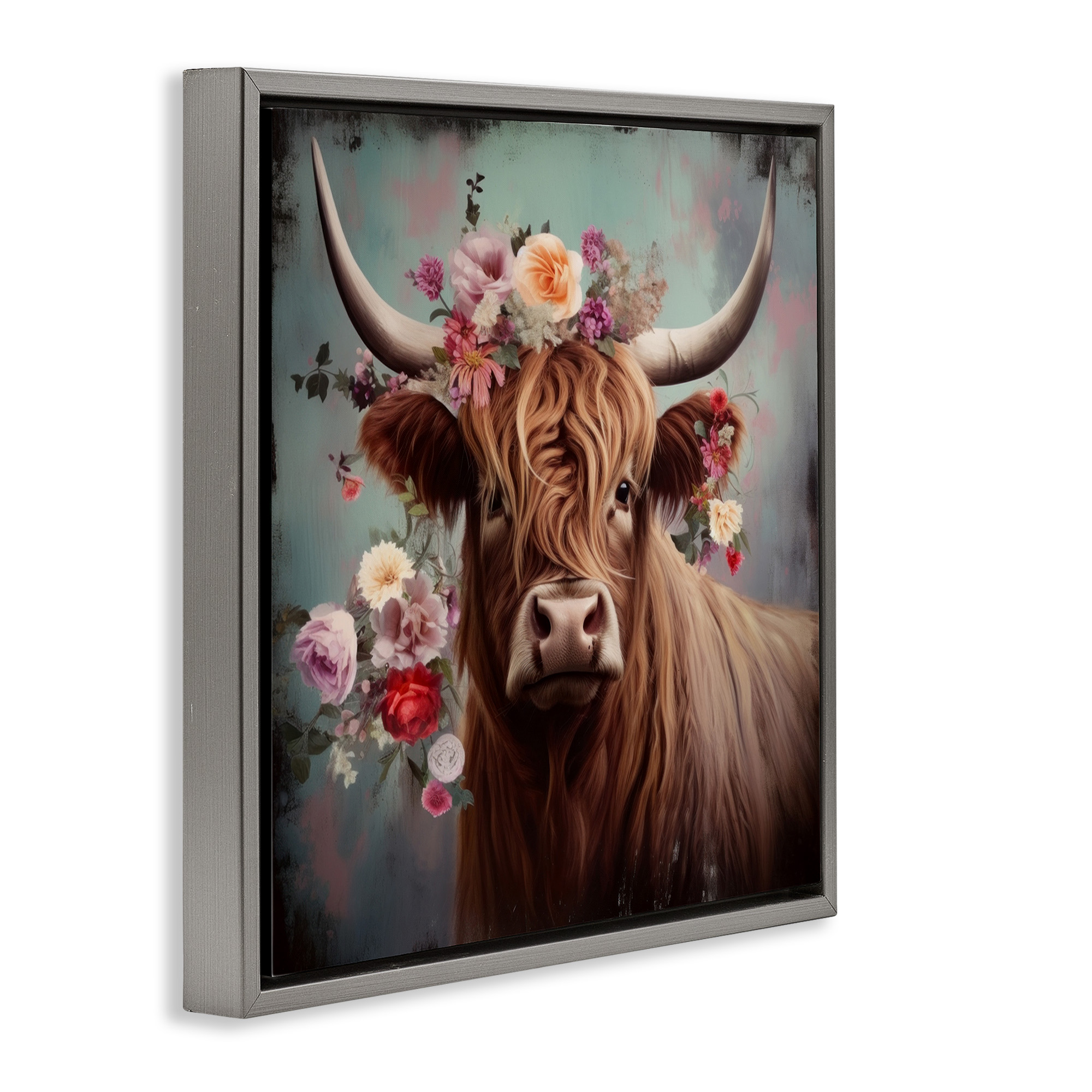 Stupell Industries Cow with Vintage Florals Animals & Insects Painting Gray Floater Framed Canvas Art Print Wall Art, 25 x 25