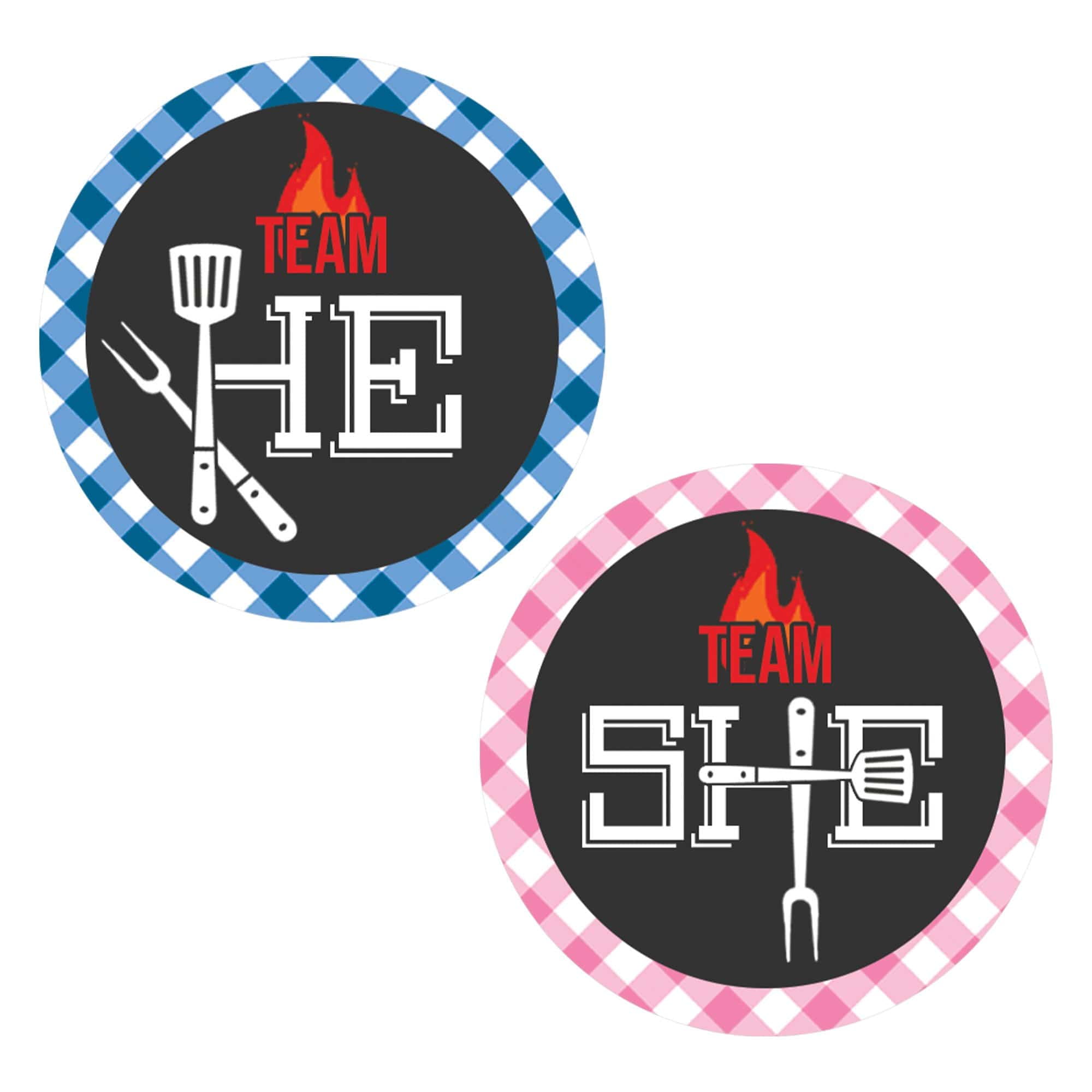Pink or Blue Plaid Baby-Q Gender Reveal Team He or She Stickers - 40 Labels - Distinctivs
