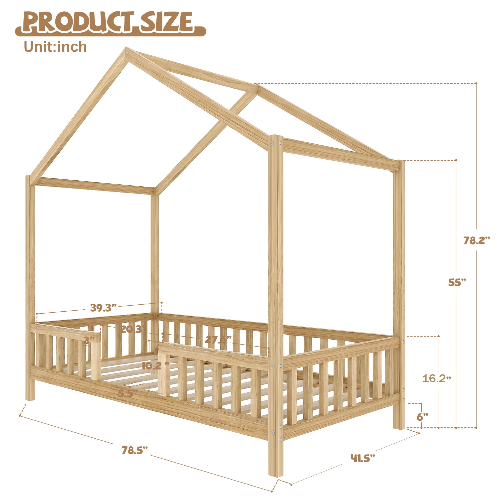 Twin Bed Frames for Kids,Montessori Floor House Bed Frame with High Rails,Wood Kids Low Floor Bed with Roof & Canopy,Twin Bed Frames for Girls,Boys,No Box Spring Needed,Natural