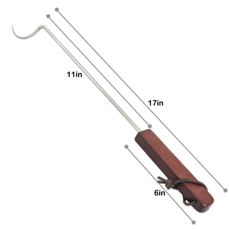 Food Flipper Hook 17'' Stainless Steel BBQ Turner Meat Hook Flipper with Wooden Handle for Grilling & Griddle
