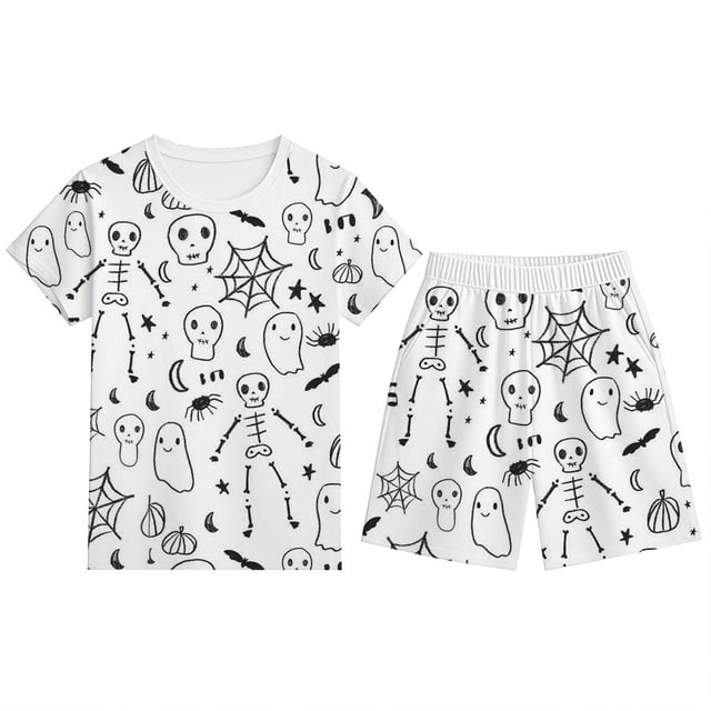 TBWNWG Ensemble pour Garçons Tenue Décontractée de Détente Imprimé d'Halloween Col Rond Manches Courtes Short Ensemble de Pyjama Confortable Taille Élastique Tenue Quotidienne pour Enfants de 2 à 12 Ans, Taille 11-12 Ans