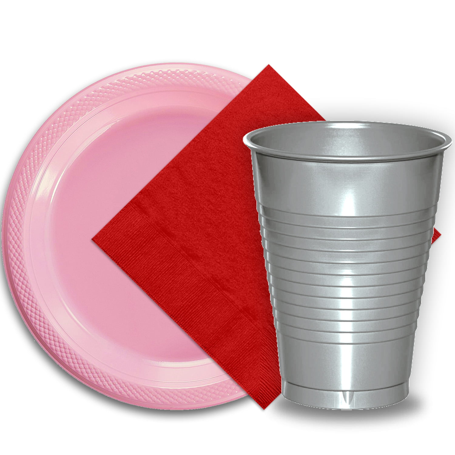 50 Pink Plastic Plates (9"), 50 Silver Plastic Cups (12 oz