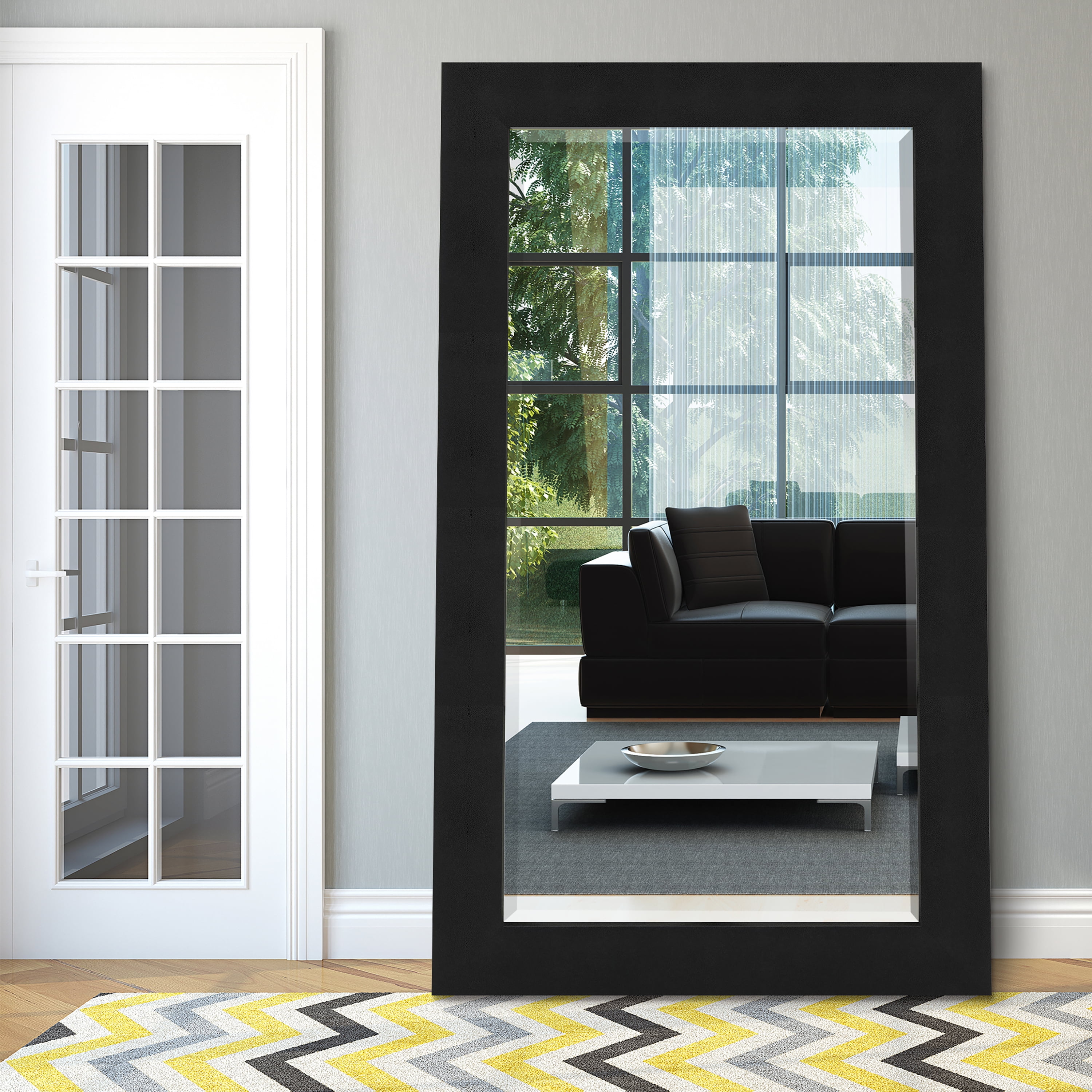 Empire Art Direct Black on Black Metallic Shagreen Leather Framed Beveled Mirror, 80" x 48"