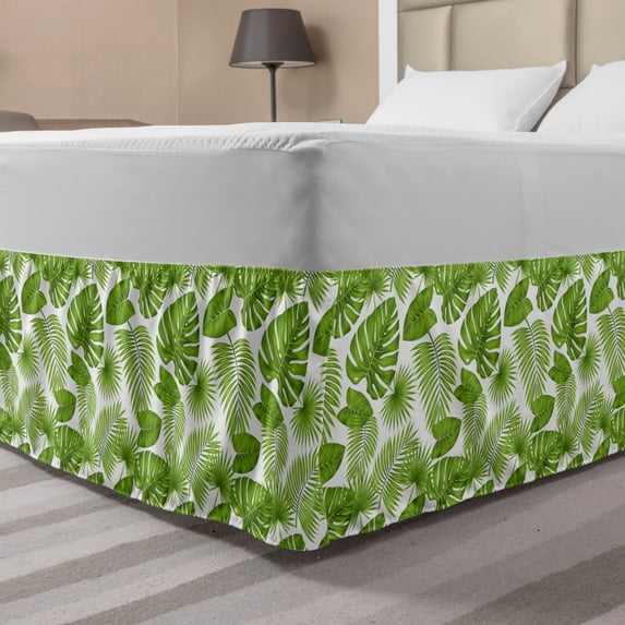 Exotic Bed Skirt, Repeating Tropical Forest Themed Pattern of Summer Season Nature Leaves, Elastic Bedskirt Dust Ruffle Wrap Around for Bedding Decor, 4 Sizes, White and Fern Green, by Ambesonne