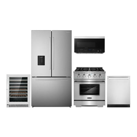5 Piece Kitchen Package with 30  Over the Range Microwave 30  Freestanding Gas Range 24  Built-in Fully Integrated Dishwasher French Door Refrigerator & 48 Bottle Wine Refrigerator