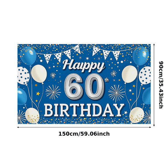 Blue Themed 60th Birthday Backdrop Banner with Balloons Confetti and Fireworks Party Decoration Photography Prop for Birthday Party Celebrations Event Decor Happy Birthday Party Supplies Background