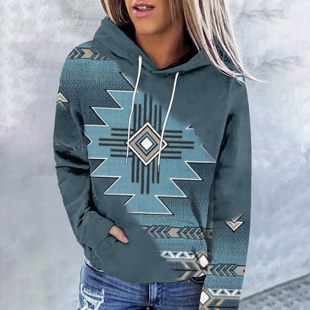 Puntoco Mujeres Moda Casual Contraste de color Estilo étnico Impresión de manga larga tops Sudaderas con capucha Puntoco Puntoco-1943
