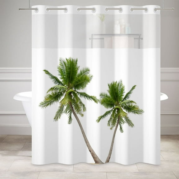 MIZHONA Green White Shower Curtain with Liner,Coconut Tree No Hook Fabric Bathroom Curtain,71"× 83"