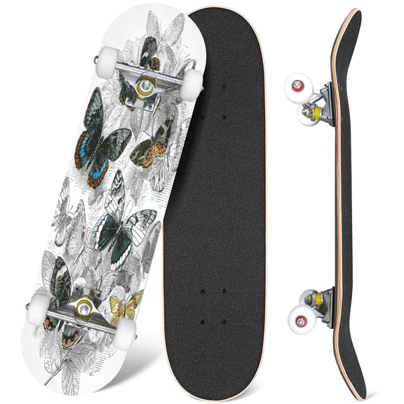 31'' Complete Skateboard 7 Layer Canadian Maple Double Kick Deck Skateboards Selection butterflies antique engraving Skate Board for Beginner Adult Gifts
