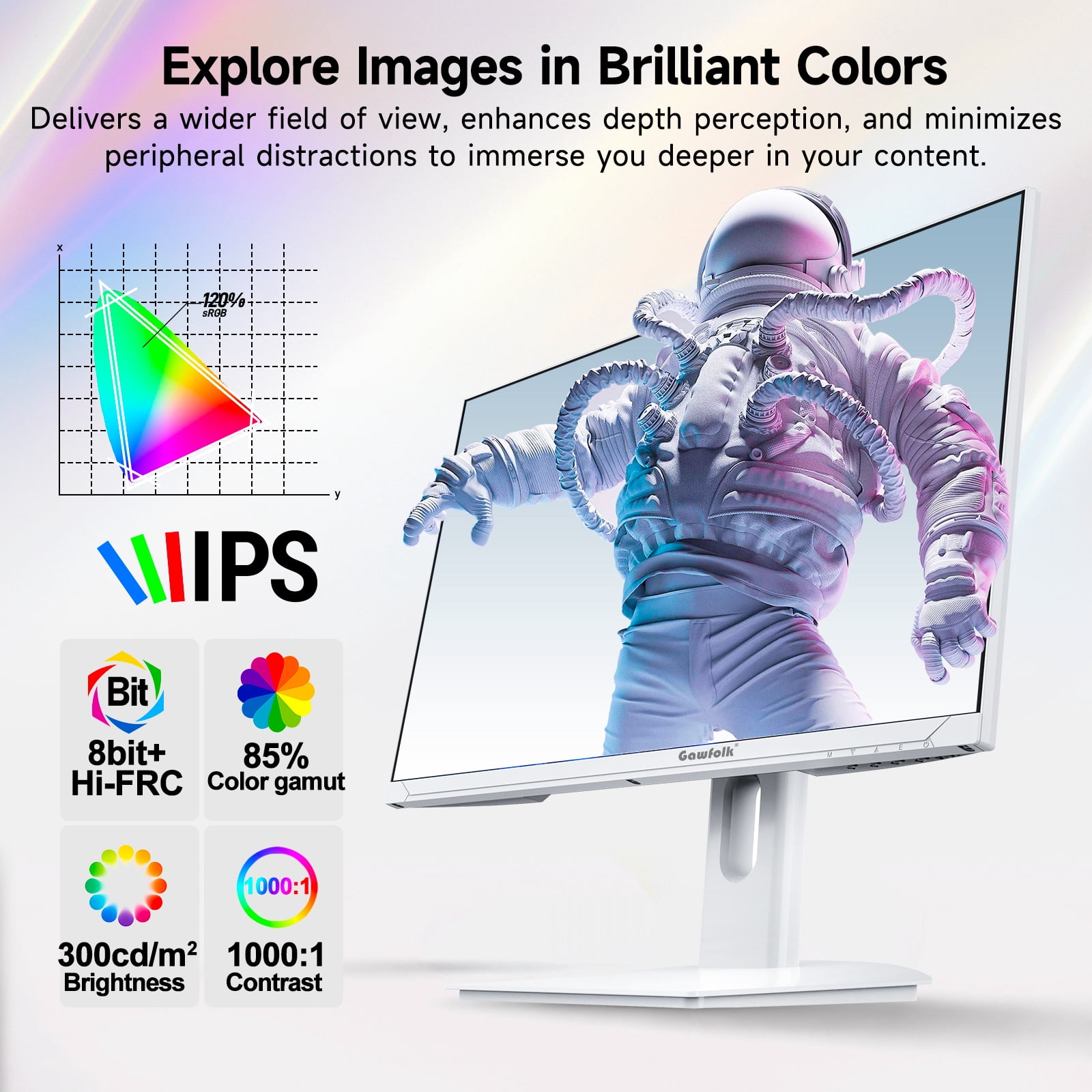 Gawfolk 27" 4K 160Hz IPS Gaming Monitor, AMD FreeSync, 120% sRGB, Adjustable Stand, HDMI 2.1/DP 1.4 - White