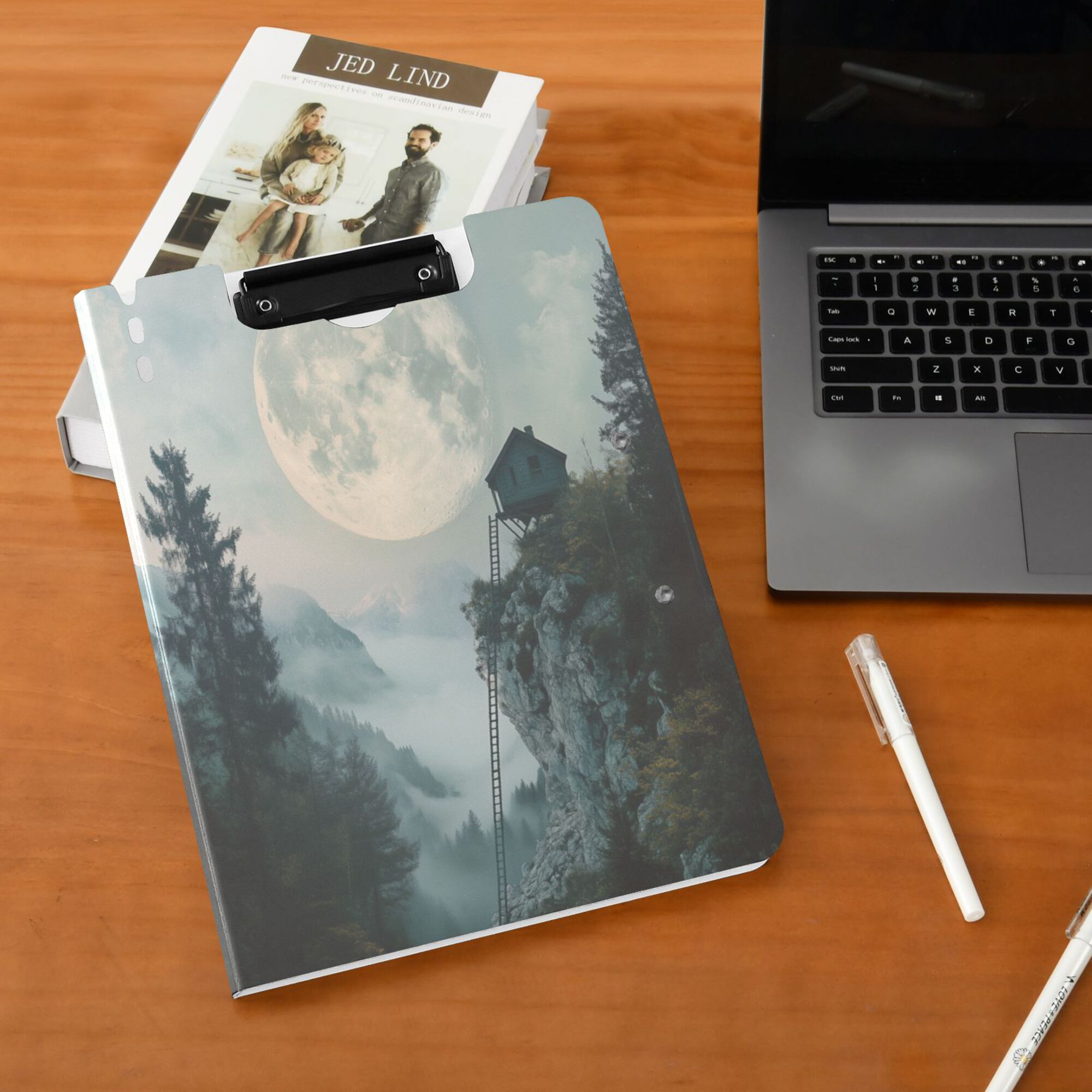 FORMRS A4 Clipboard Folder with Pen Holder Horizontal Foldable School Office Binder, Moon and House