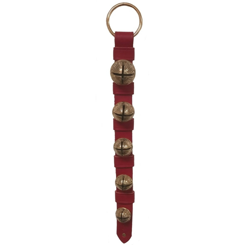 Belsnickel 19 Inch Red Leather Strap Brass Sleigh Bells Door Hanger
