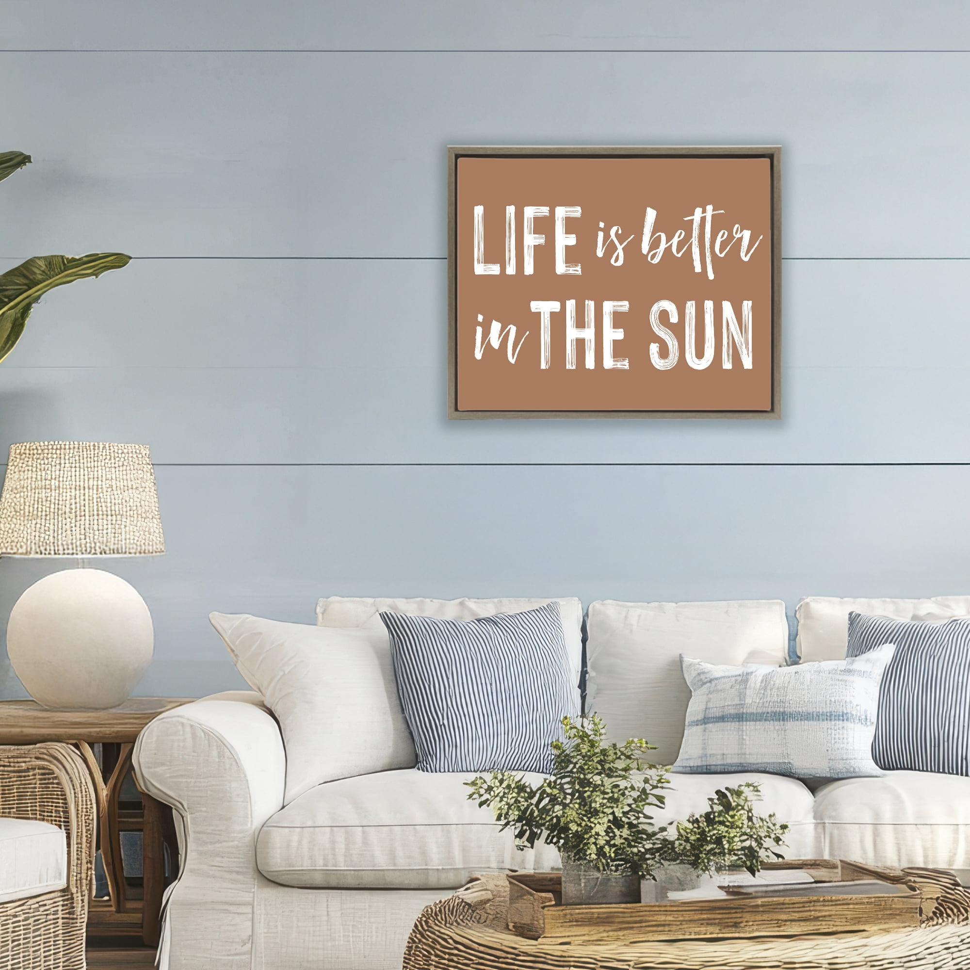 Life Better In Sun Brown Brown Framed Floater Canvas Wall Art, design by Lettered and Lined