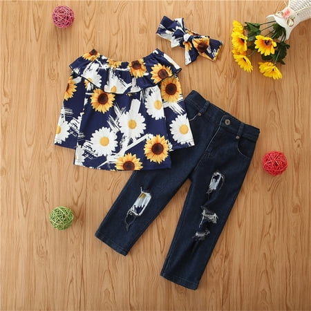 

Hunpta Toddler Girls Outfit Sunflowers Prints Long Sleeves Tops Denim Bell Bottom Jeans Pants Headband 3pcs Set Outfits