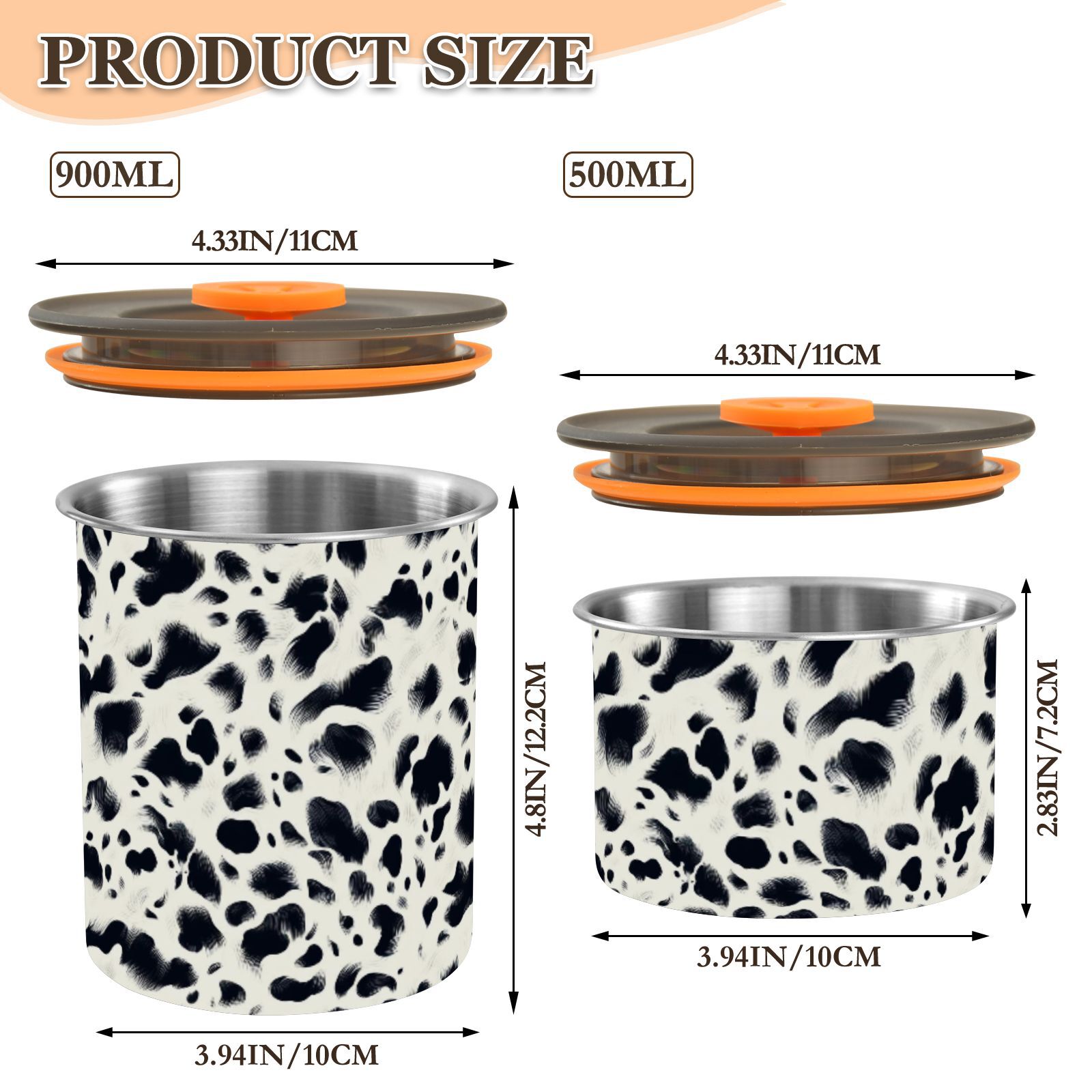 Cow Prints Airtight Coffee Bean Canister 30oz Food Storage Containers with Lids For Gournd, Tea, Sugar, Flour, Rice, Cereal, Candy Cookie Jar