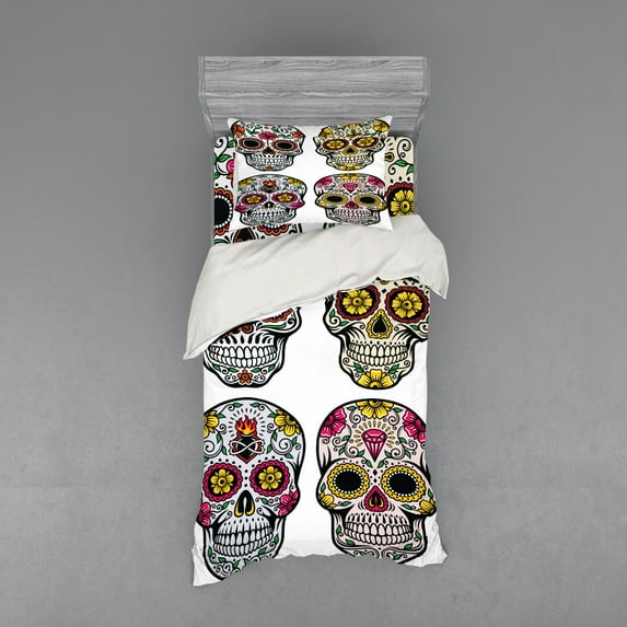 Ambesonne Colorful Bedding Set 3 Pcs, Skull Celebration, Twin, Yellow White Black