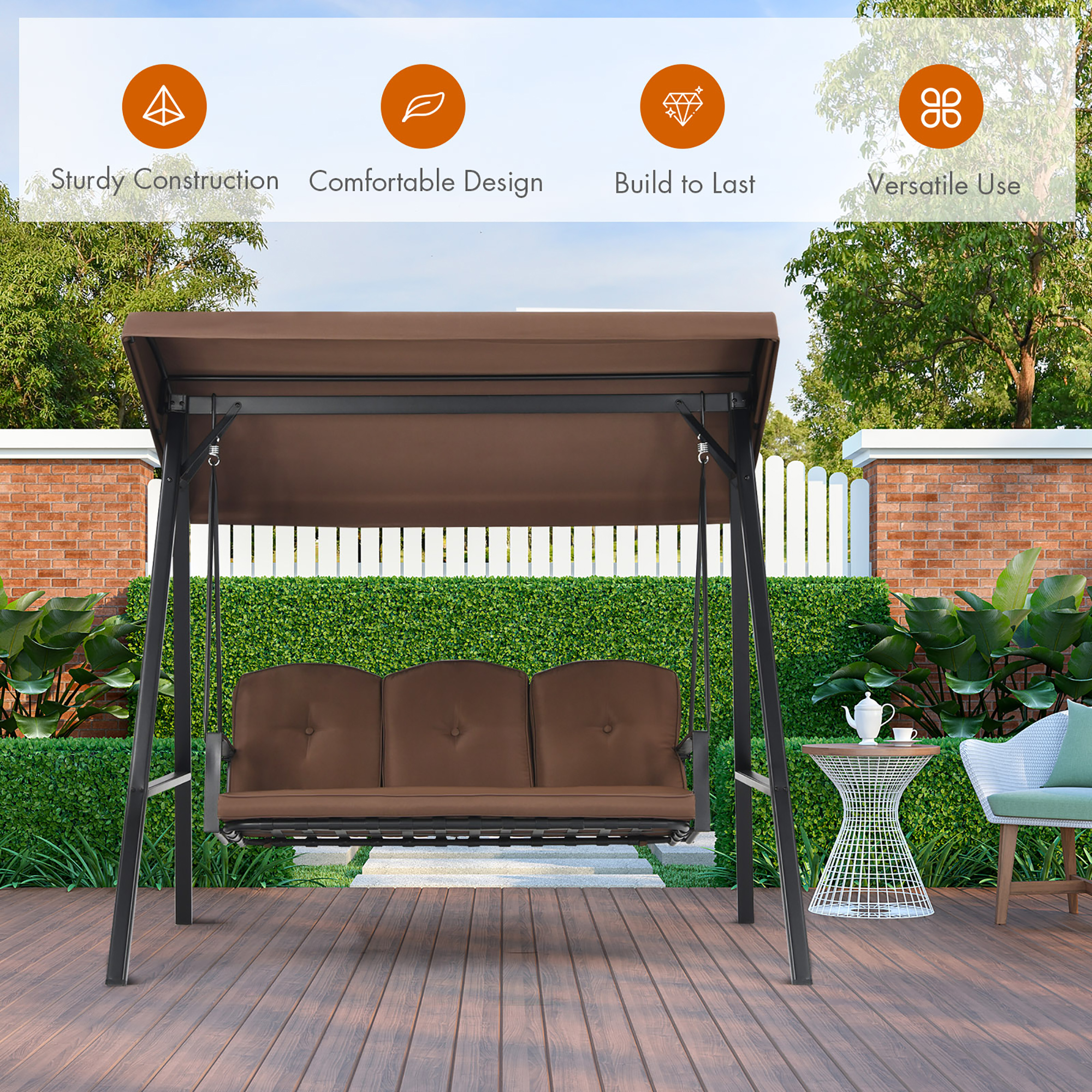 Costway Outdoor 3-Seat Porch Swing with Adjust Canopy and Cushions Brown - image 3 of 10