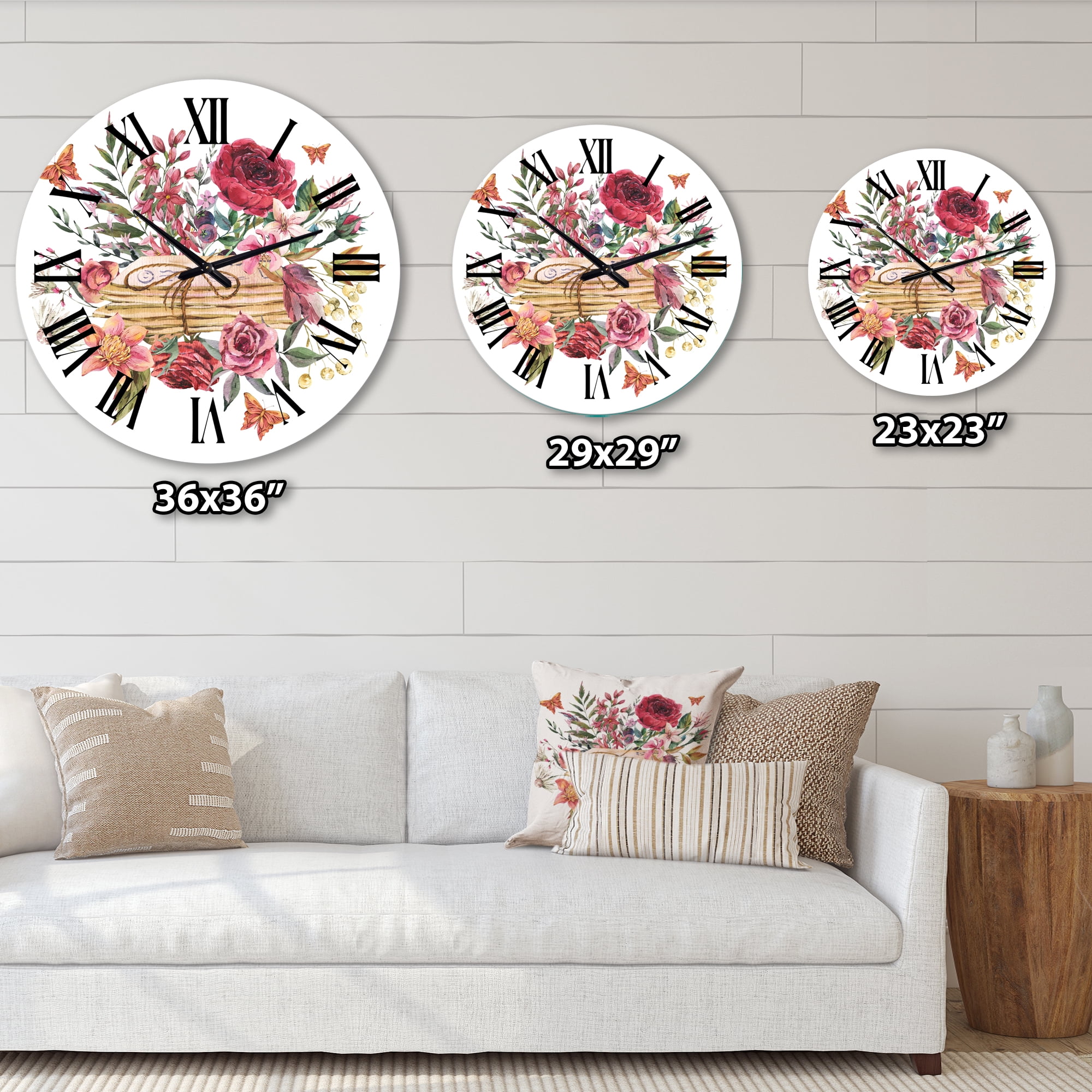 Designart 'Vintage Old Letters With Wildflowers' Farmhouse Wall Clock