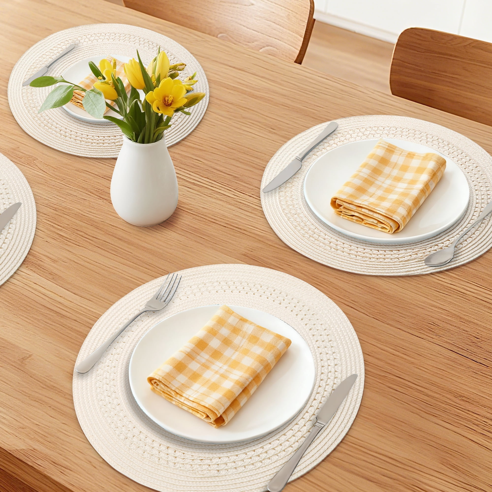 Unique Bargains Farmhouse Round Placemats Set of 6 Woven Placemats Beige