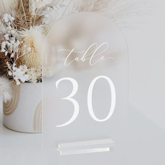 JINMURY Frosted Arch Table Numbers for Wedding, 5x7 Inch Acrylic Table Numbers 1-30 with Stands, Frosted Acrylic Arch Tabletop Sign with Holder for Centerpiece, Reception, Wedding