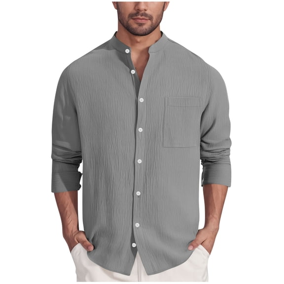 Ohufall Mens Button Down Shirts Summer Solid Casual Long Sleeve Stand Collar Top Plus Size Relaxed Fit Breathable Long-Sleeve T-Shirt with Pocket