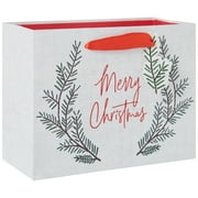 Holiday Time Gift Bag, Merry Christmas, Evergreen Sprigs, White, Red, Green, Paper
