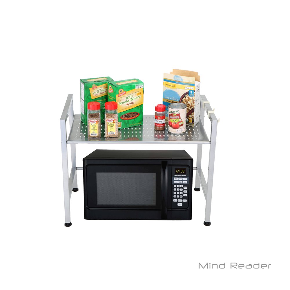 Mind Reader Metal Top Microwave Shelf Counter Unit with 2 Hooks, Silver