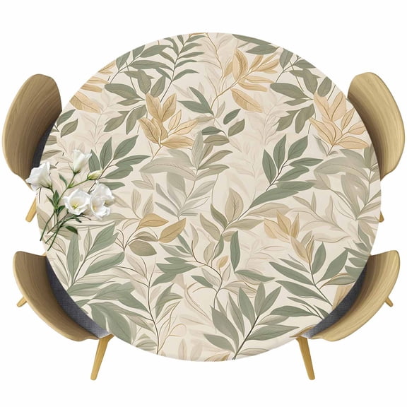 Sage Green Yellow Botanical Fitted Tablecloth with Elastic Edged, Round Table Cloth for Dining Table, Vintage Spring Summer Waterproof Oil Proof Table Cover for Indoor Outdoor 55"-60"