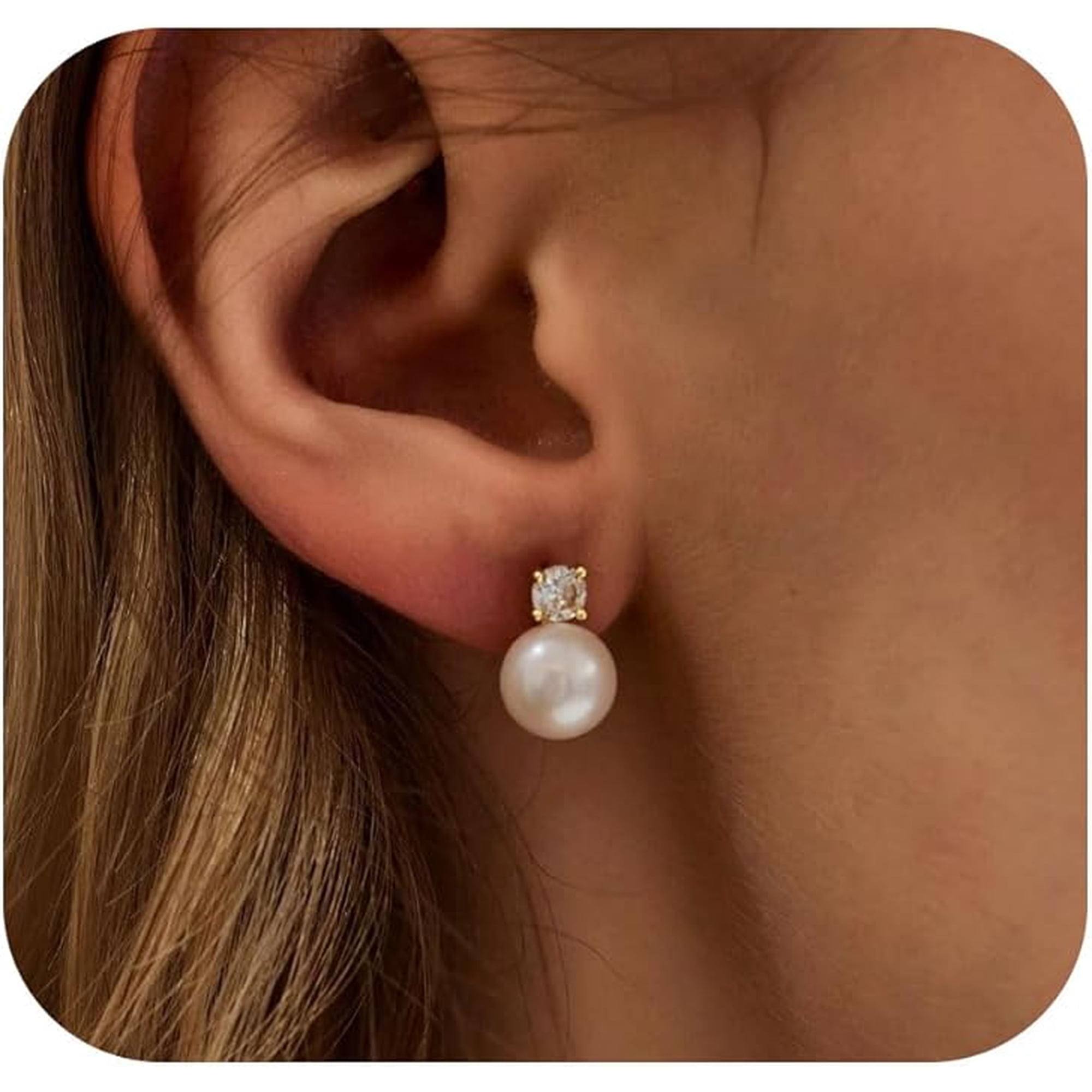 Pearl Earrings for Women 925 Sterling Silver Earring 14K Gold Plated Pearls Stud Earrings for Women Trendy White 6 8 10MM Pearl CZ Diamond Hypoallergenic Earring Jewelry Gift