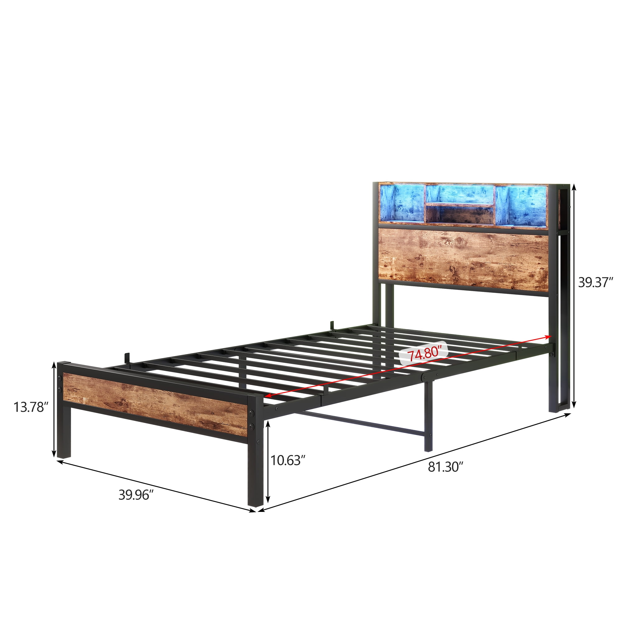Miniyam Twin Bed with LED Headboard, USB Ports, Storage Shelves for Adults, Brown