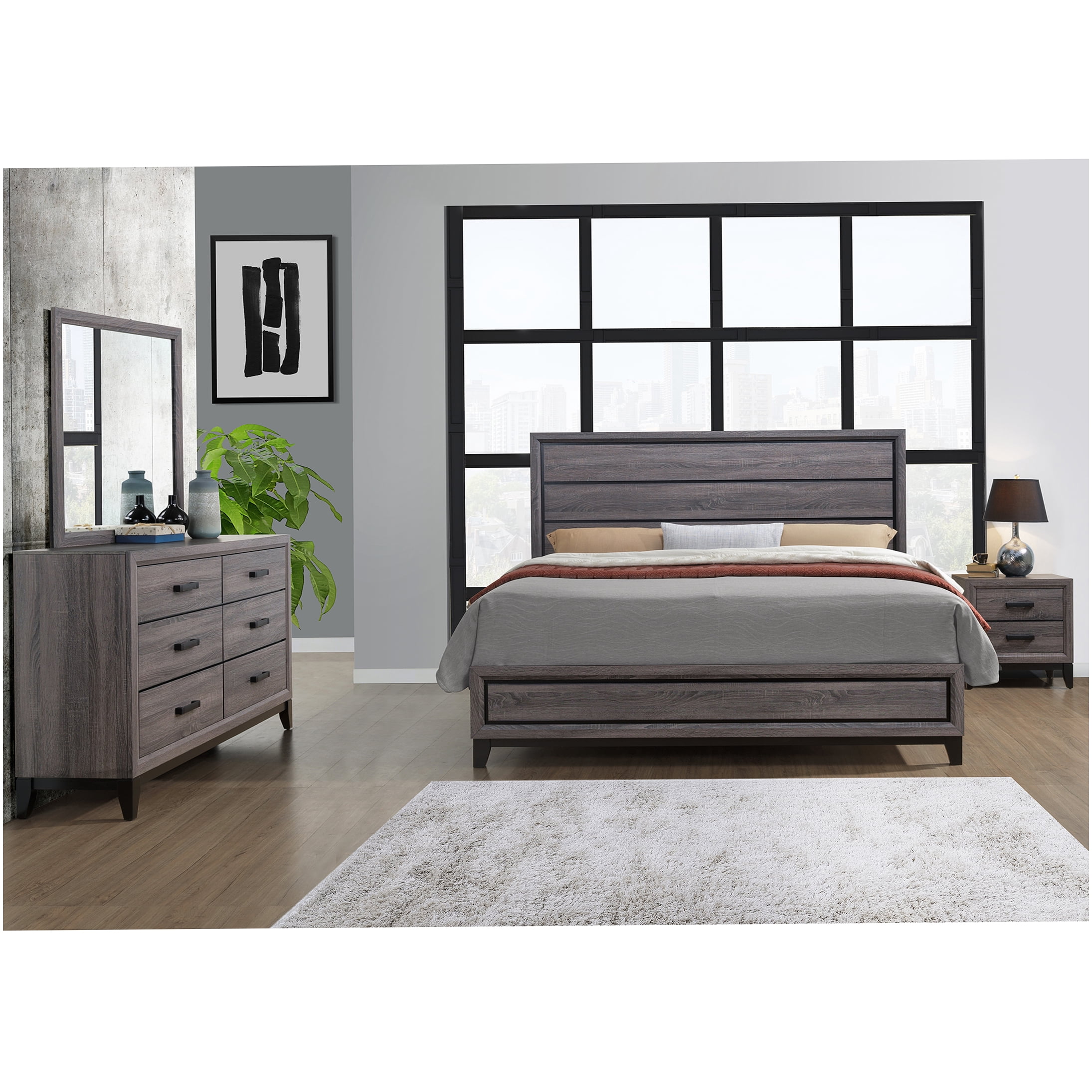 King Size Platform Bed Frame with Upholstered Headboard, Modern Low Profile Bedroom Furniture in Gray and Black, Wood Slat Support