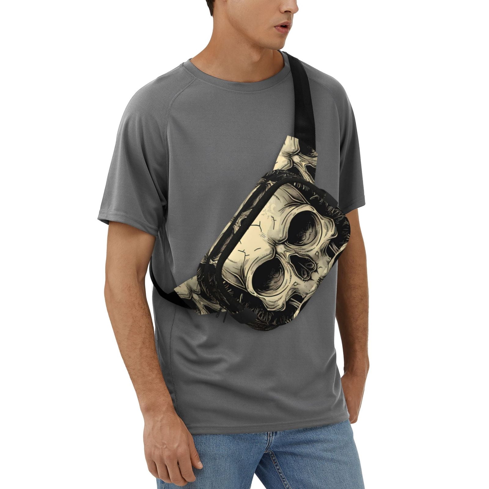 Fuzoiu Gothic Winged Skull Print Unisex Square Double Layer Waist Bag,Crossbody Fanny Pack Travel Workout Accessory