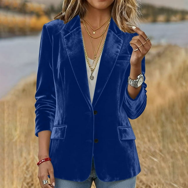 AUNVITO Women's Solid Velvet Blazer Notch Lapel Long Sleeve with Faux Pockets Elegant and Chic Style