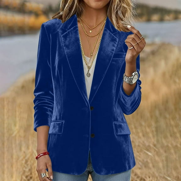 AUNVITO Women's Solid Velvet Blazer Notch Lapel Long Sleeve with Faux Pockets Elegant and Chic Style