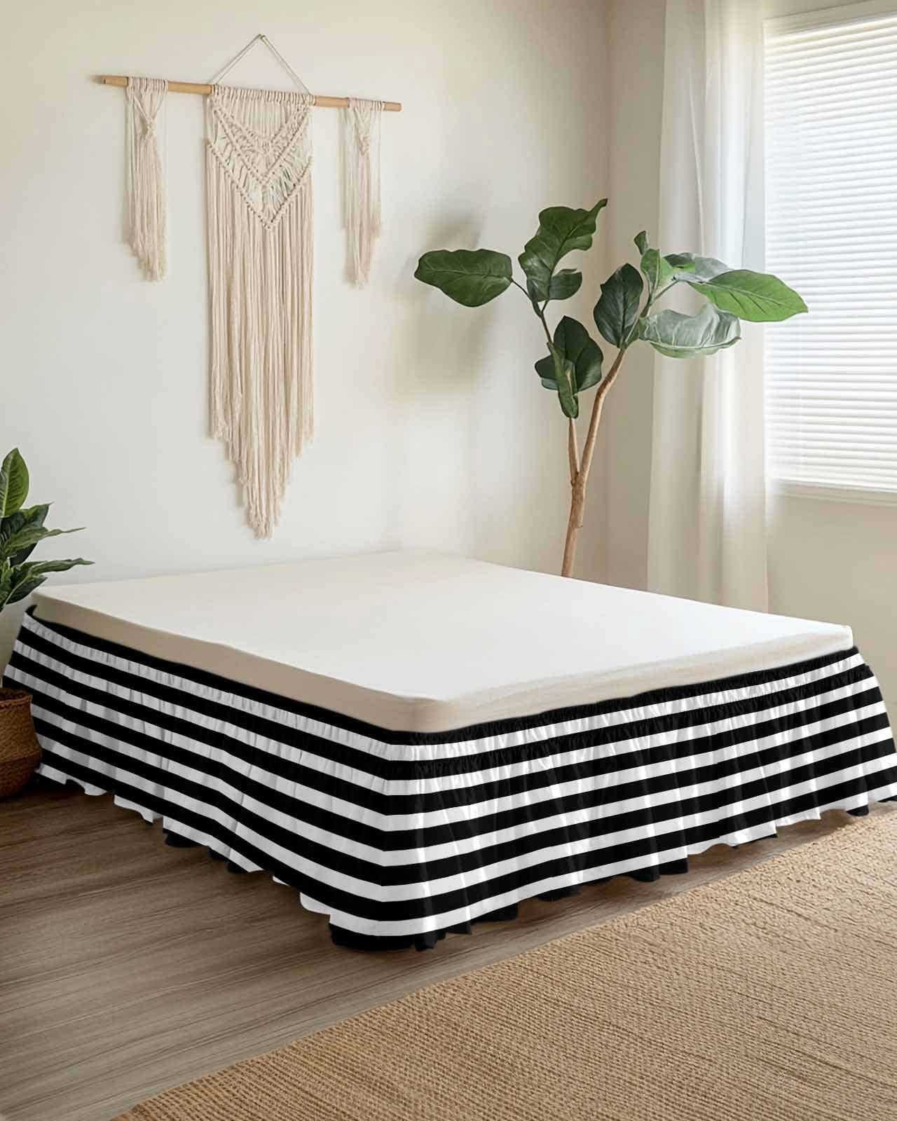 Black Striped Wrap Around Bed Skirts for Queen Bed 18" Drop,Bed Skirt with Adjustable Elastic Belt Dust Ruffle Bed Valance for Bedroom Hotel Modern Simple Monochrome Geometric White Bed Frame Cover