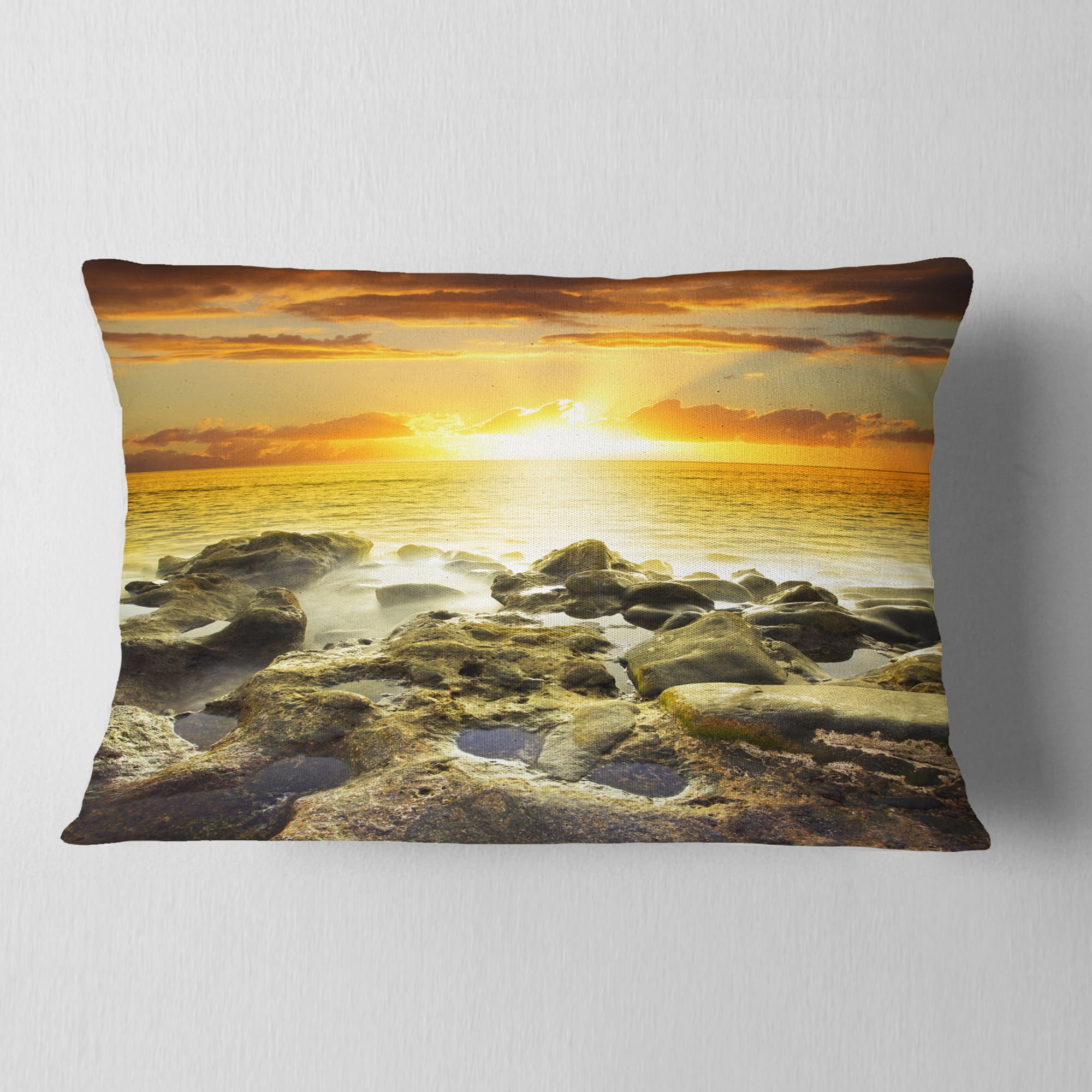 Designart Beautiful Orange Sundown Beach - Seashore Throw Pillow - 12x20