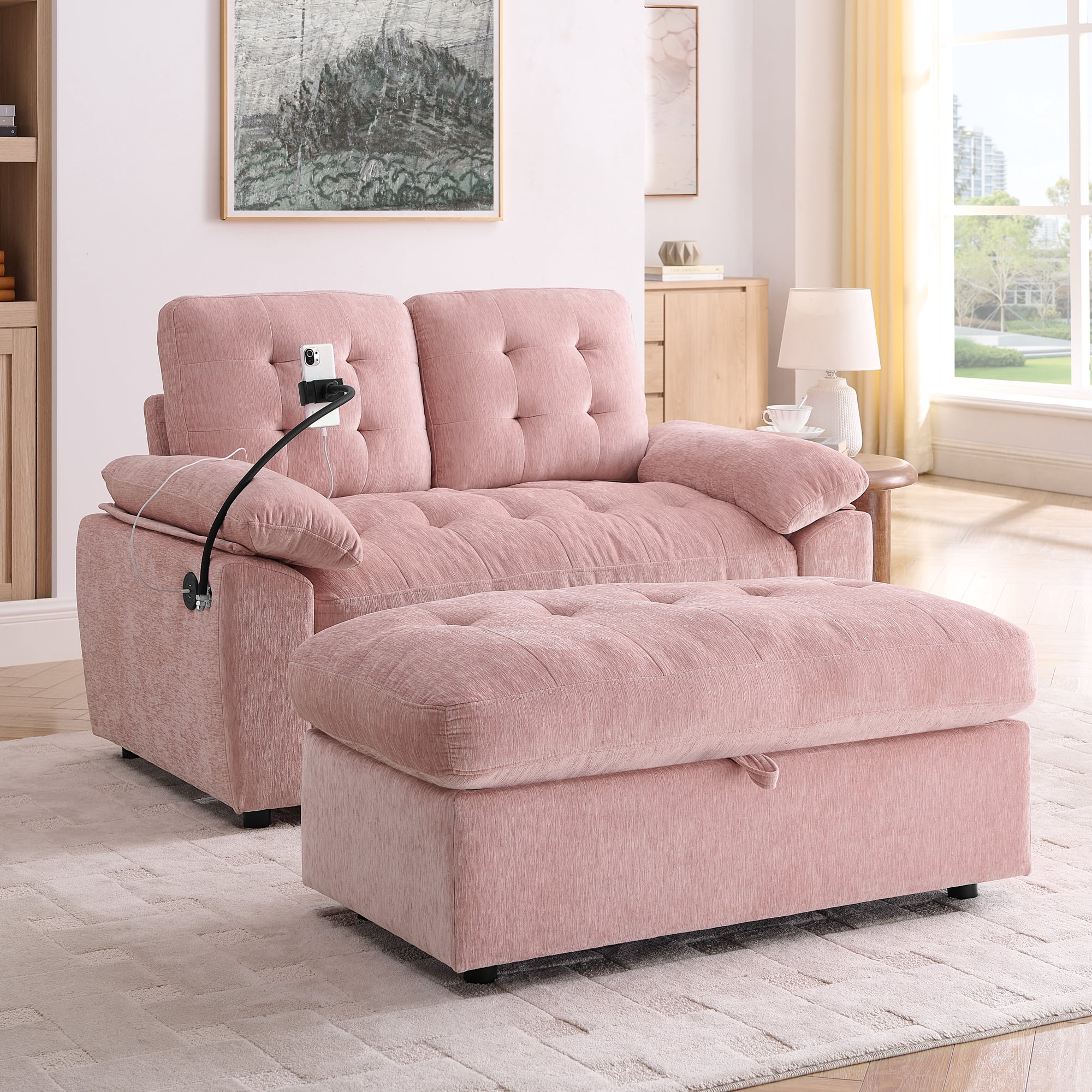 56" Loveseat Recliner with Adjustable Backrest, USB Charging Port, Phone Stand and Storage Ottoman
