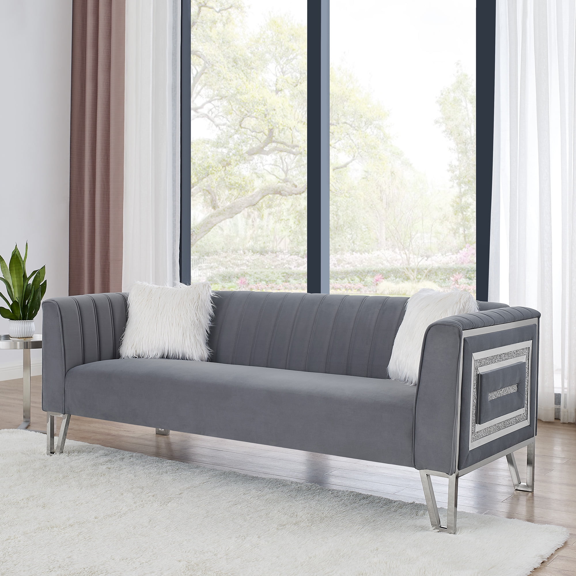 3Seater Sofa with Mirrored Side Trim with Faux Diamonds, Velvet Couch with 2 White Villose