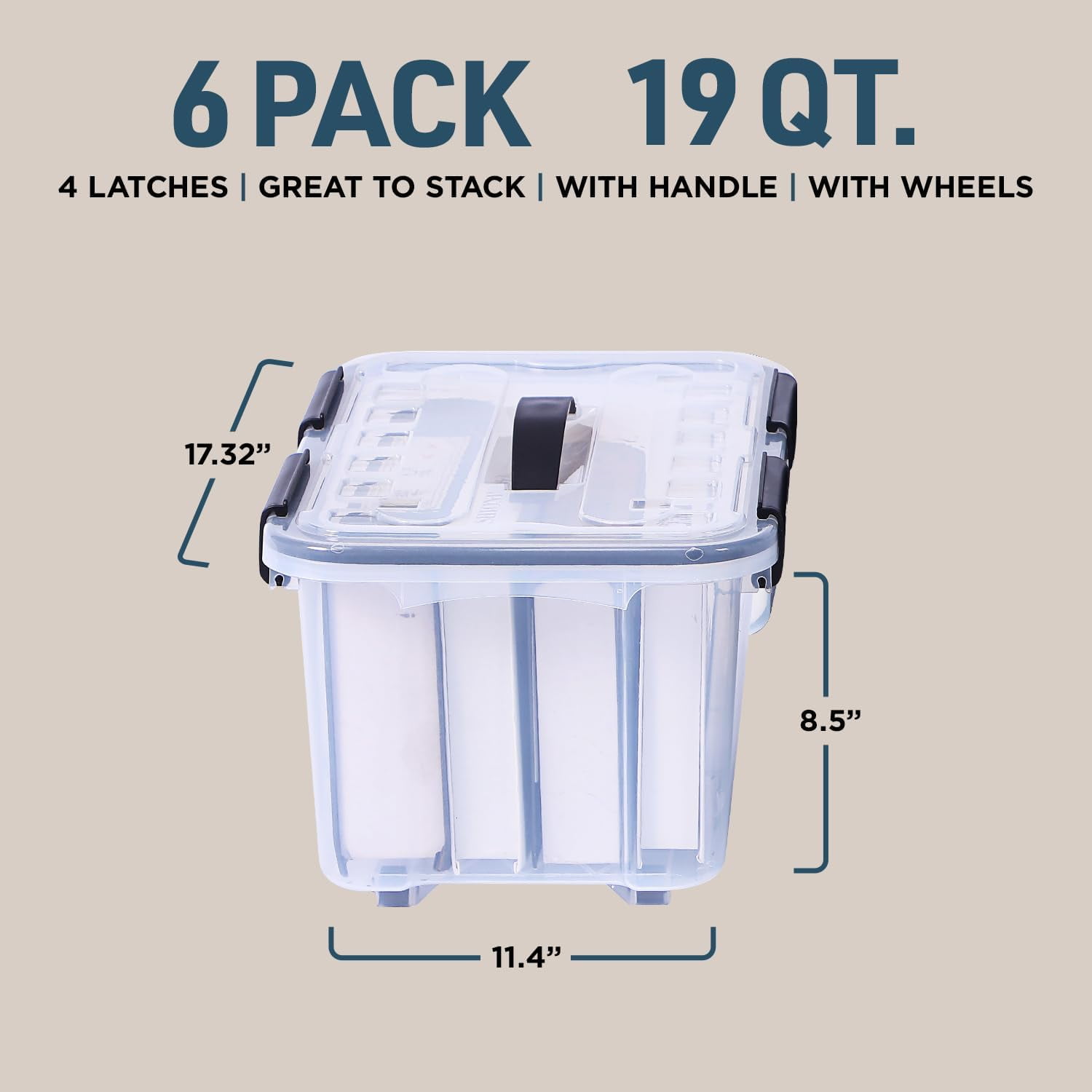 Stackable Storage Boxes - Clear Plastic, Black Seal, Modular Design 19 Quarts