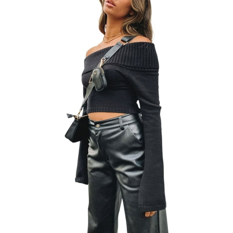 Black cropped off online the shoulder jumper