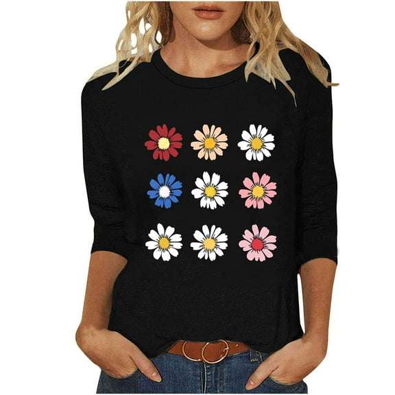 Cute Daisy Floral Tshirt for Women Plus Size Crewneck 3/4 Sleeve Tops Going Out Tunic Basic T Shirt
