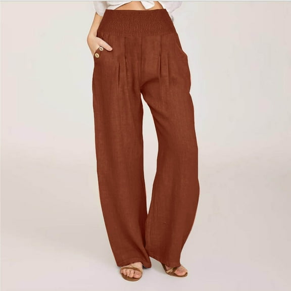 Qetyuw Smocked Waist Pants for Women Comfy Cotton Linen Palazzo Pants Button Pockets Baggy Pants Loose Wide Leg High Waist Beach Trousers