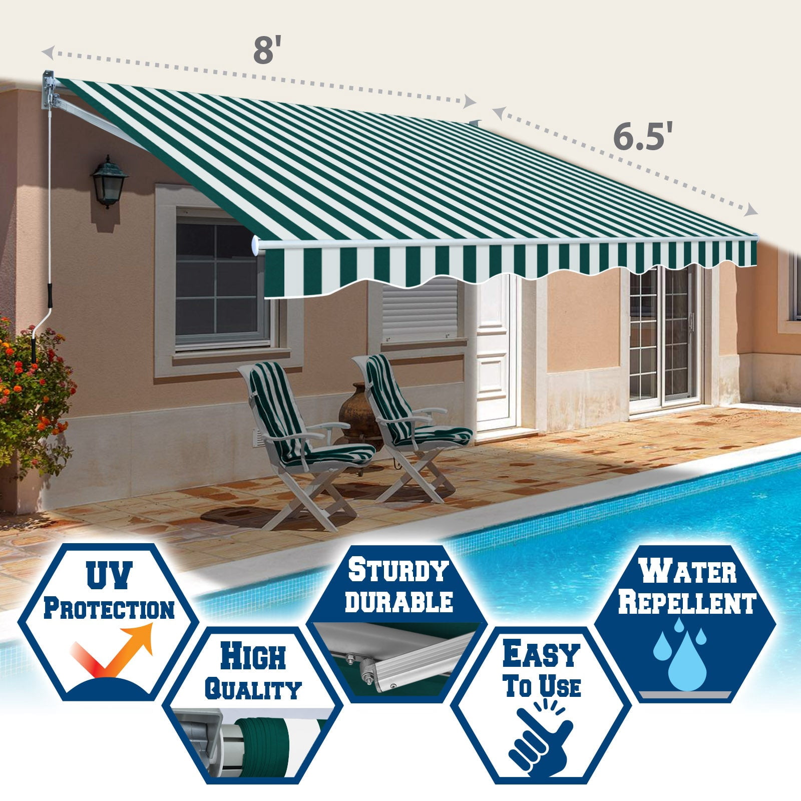 SUNNYOUTDOOR 8x6.5 FT Patio Awning Retractable Outdoor Sun Shade Manual Patio Deck Awning Heavy Duty Awning (Green with white)