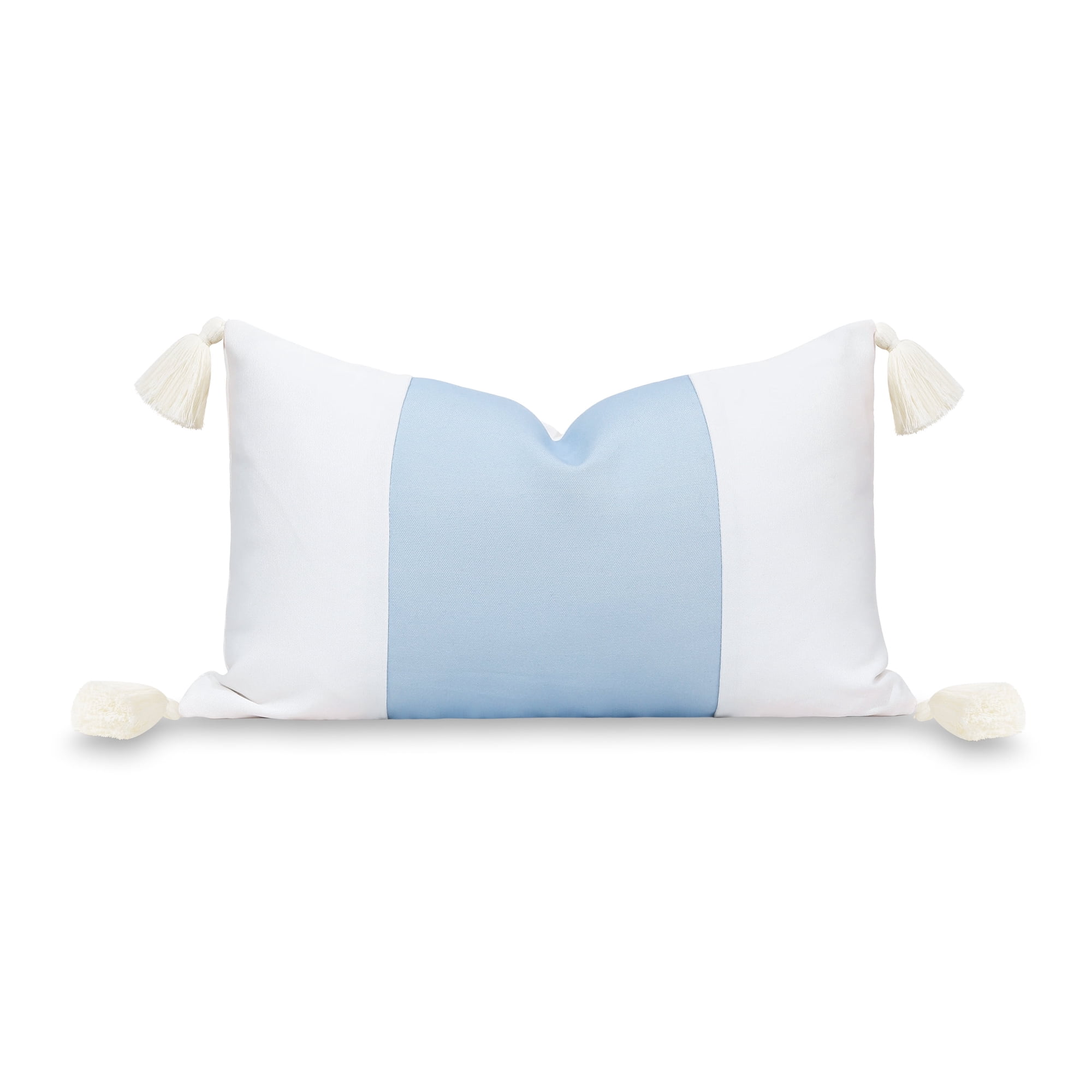 Hofdeco Premium Coastal Patio Indoor Outdoor Lumbar Pillow Cover Only, 12"x20" Water Repellent for Backyard, Couch, Baby Blue Color Block with Tassels