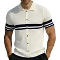 thumbnail image 2 of Men's Casual Lapel Shirt Acrylic Knit, Short Sleeve Shirt Breathable Comfort, Notch Lapel Regular Fit Button Closure, Stripe Texture Full Button Front, Daily Office | Zenithor,Dark Blue M, 2 of 5