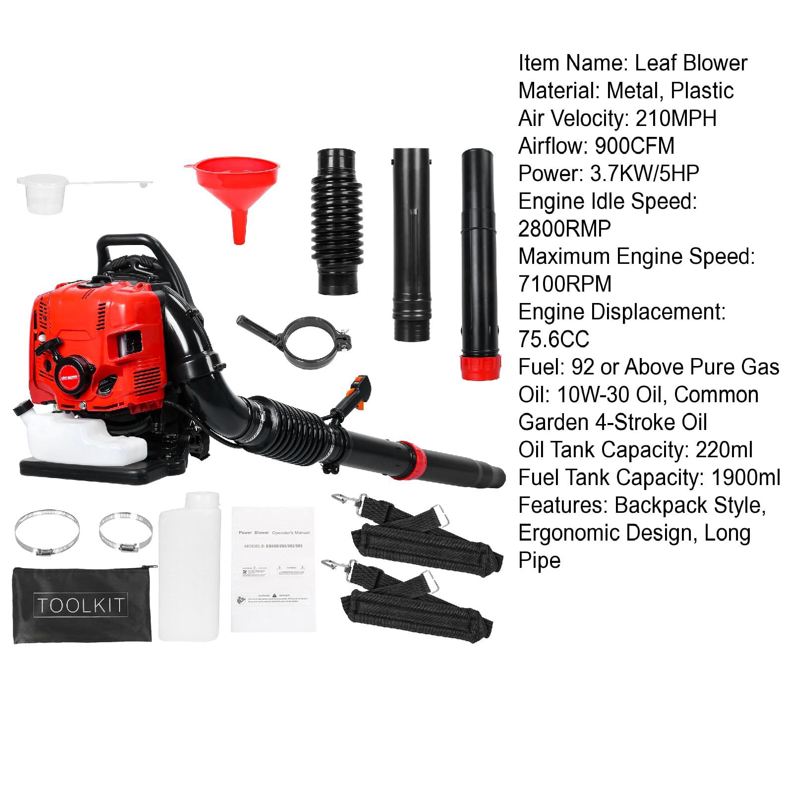 Grandest Birch  Leaf Blower with Backpack, Cordless Leaf Blowers for Lawn Care,75.6CC 4 Stroke 210 MPH  750CFM ,Backpack Snow Blower,Variable Speed,for Street Blowing Leaf,Dust, Red